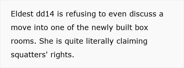 Text highlighting a family member asserting squatter\'s rights in a home dispute.