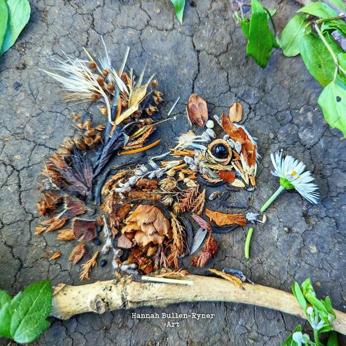 Nature-inspired artwork of a squirrel made with leaves, twigs, and flowers on earthy ground.