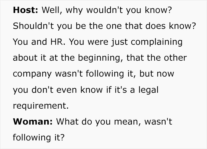 Text conversation discussing legal requirement and HR, woman questioning compliance.