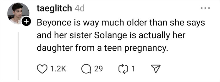 Social media post discussing a celebrity rumor about Beyoncé's age and relationship with Solange, with engagement stats shown.