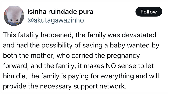 Tweet discussing a family deciding to keep a pregnant woman on life support to save her baby, sparking debate.