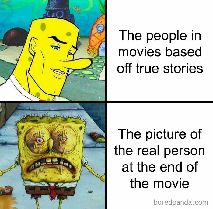 SpongeBob meme humorously compares movies to reality, highlighting history explanations.