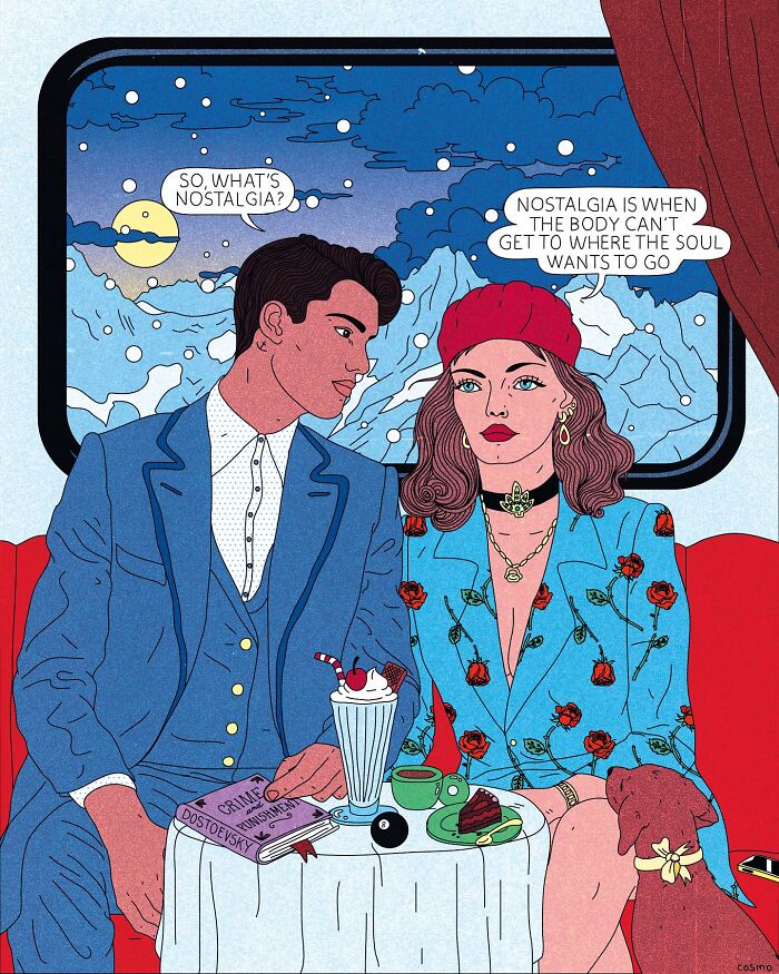 Illustration of a couple in a retro setting, with speech bubbles adding humor and sarcasm to a nostalgic theme.