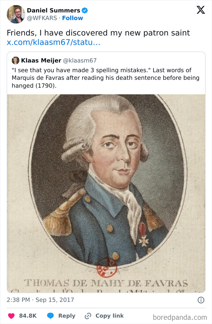 Millennial meme featuring a historical portrait and humorous tweet about spelling mistakes before execution.