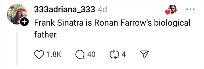 Social media post about a celebrity rumor involving Frank Sinatra and Ronan Farrow.