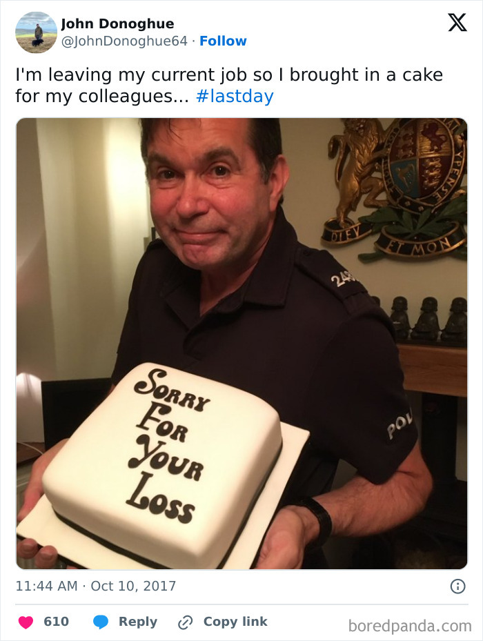 Man holding a cake with "Sorry For Your Loss" text, symbolizing people quitting jobs.