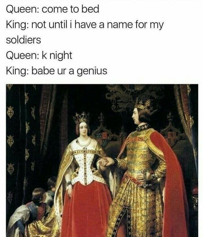 Royal couple in a linguistic meme conversation, with the queen suggesting "k night" as a name for soldiers.