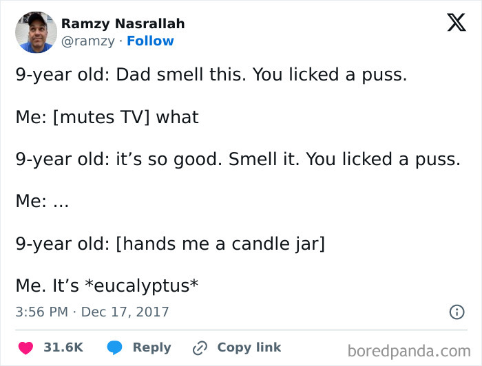 Tweet about awkward conversation between parent and child involving a mispronunciation of "eucalyptus."