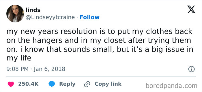 Tweet about a New Year's resolution to hang clothes back in the closet, part of random hilarious memes collection.