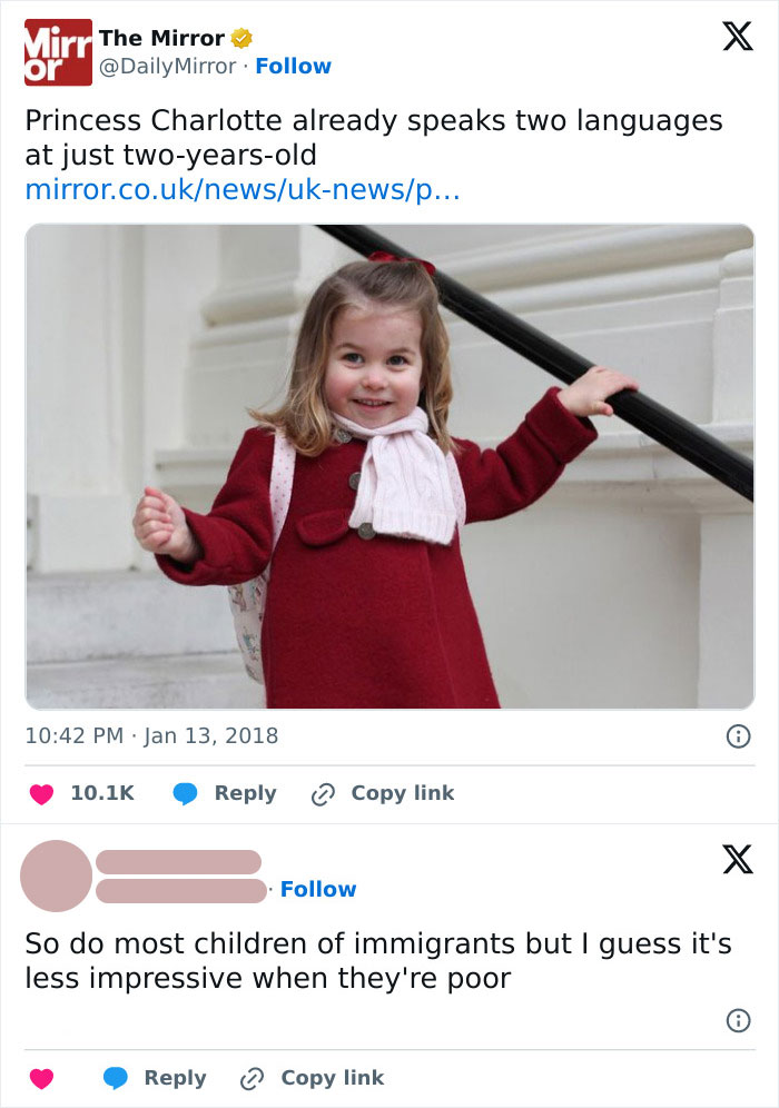 Tweet referencing British news about Princess Charlotte speaking two languages.