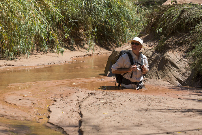 A person in outdoor gear stands in muddy water, surrounded by greenery, symbolizing millennials' challenging path to adulthood.