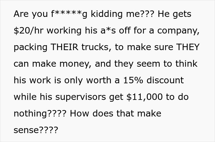 Text expressing frustration over unfair work compensation, highlighting a store discount vs supervisor's $11k bonus.