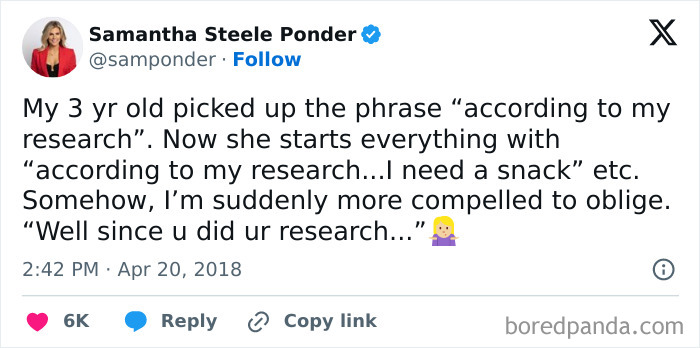 Tweet about a toddler humorously using "according to my research" to ask for snacks.