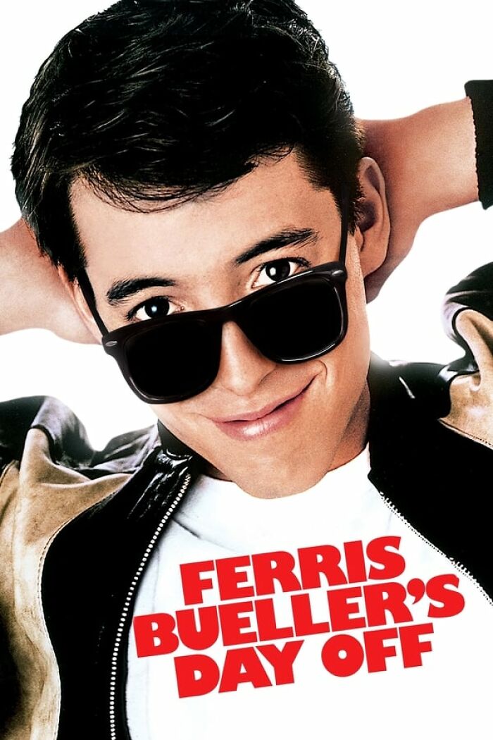 Close-up of "Ferris Bueller's Day Off" poster featuring a smiling character with sunglasses, Best-Nostalgia-Movies theme.