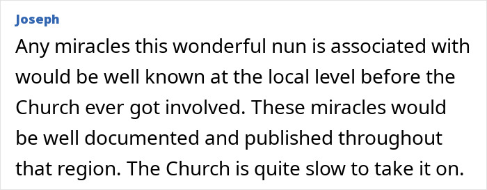 Text discussing miracles associated with a nun, highlighting the slow recognition process by the Church.