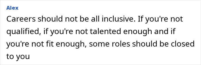 Text by Alex expressing career inclusivity views related to "overweight" female firefighter leaders.