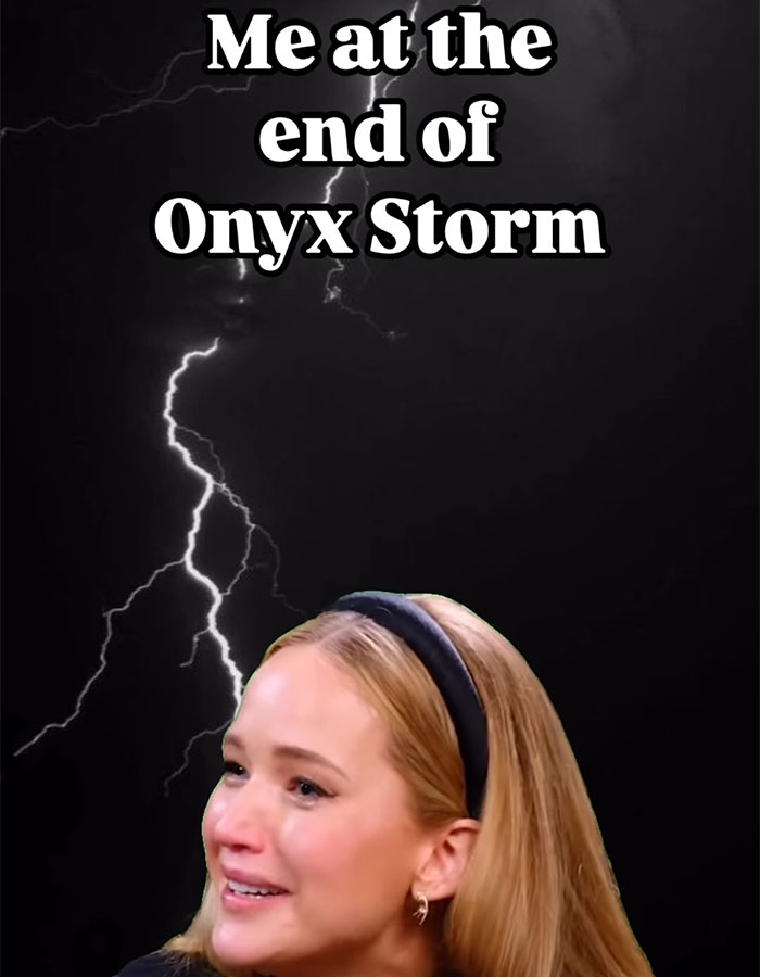 Woman reacting humorously with a stormy background, referencing a spicy romantasy novel.