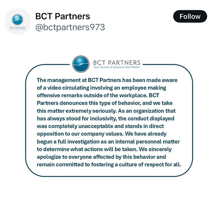 BCT Partners' statement on social media about an employee's conduct, reflecting DEI-focused company values.