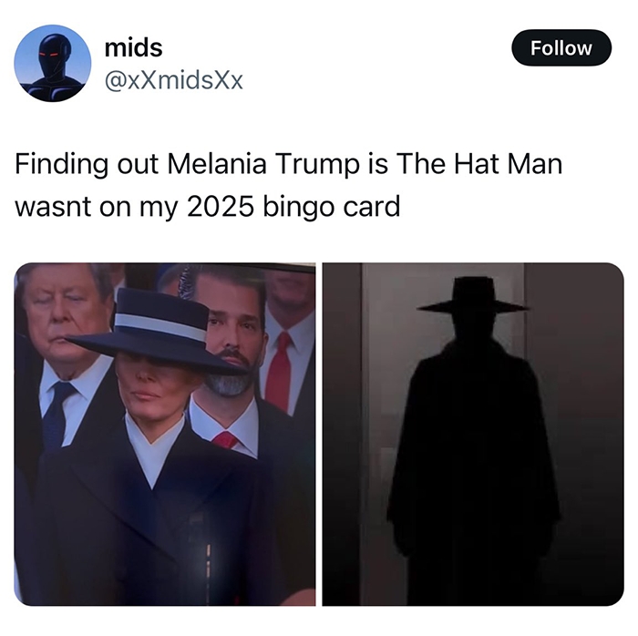 Two-panel meme about Melania Trump with a wide-brimmed hat, sparking "body double" rumors.