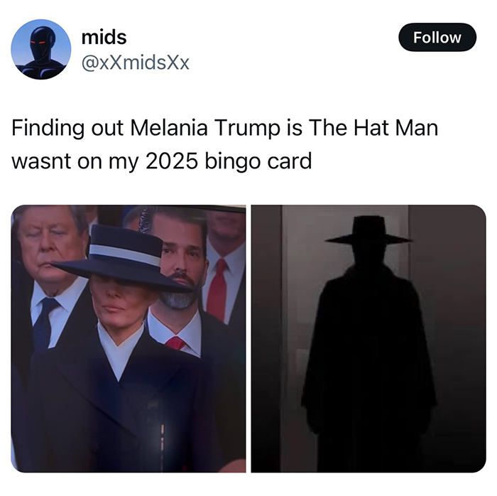 Melania Trump's outfit at a presidential event compared humorously to a shadowy figure, sparking reactions.