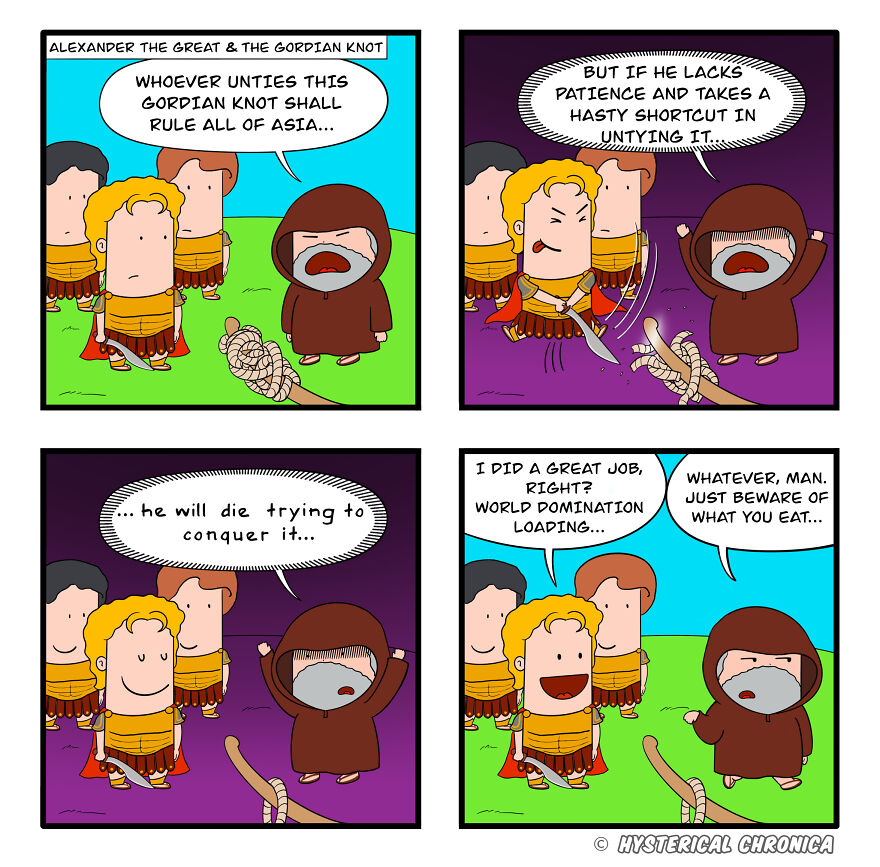 Comic strip illustrating history's relatable struggle of Alexander and the Gordian Knot.