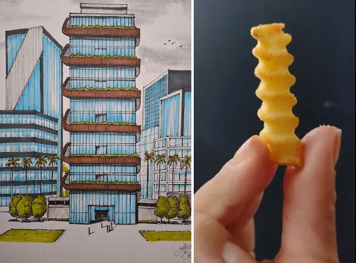 Architectural idea inspired by a crinkle-cut fry, showing a skyscraper design with wavy balcony elements.