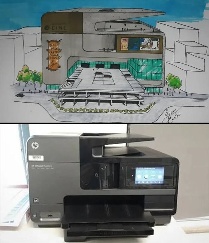 Architectural idea inspired by a printer, featuring a building design sketch resembling the shape of the printer.