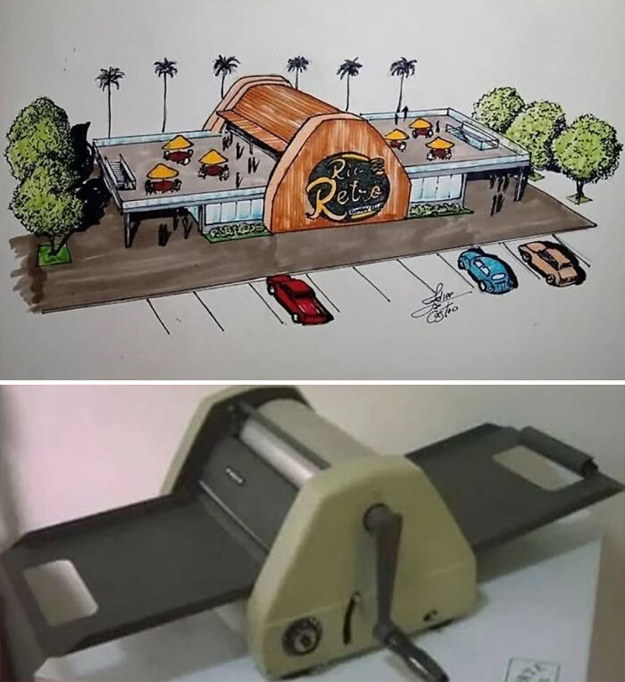 Architectural concept inspired by a manual paper cutter, featuring a building design with retro elements and palm trees.