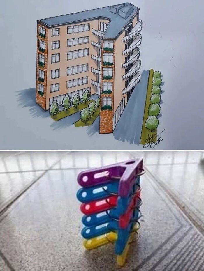 Architectural idea inspired by colorful stacked clothespins, resembling a modern building design sketch.