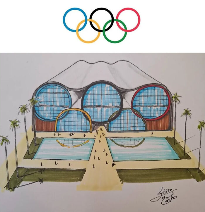 Architectural concept inspired by Olympic rings, featuring circular windows and pool, surrounded by palm trees.