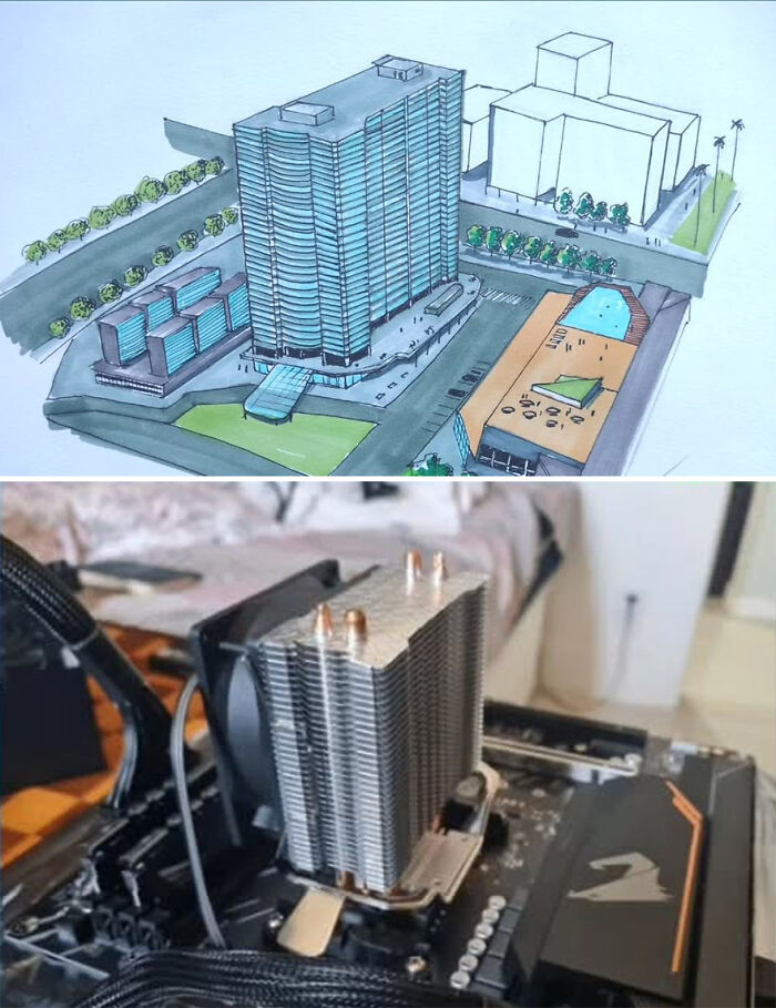 Architectural idea inspired by a simple computer component, depicting a building resembling a CPU cooler.