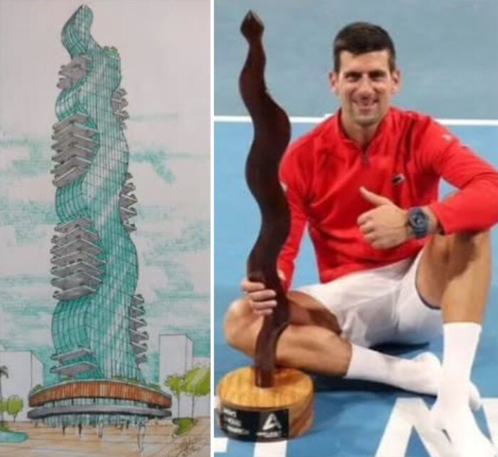 Architectural design inspired by a twisting trophy, alongside a smiling athlete holding the trophy on a tennis court.