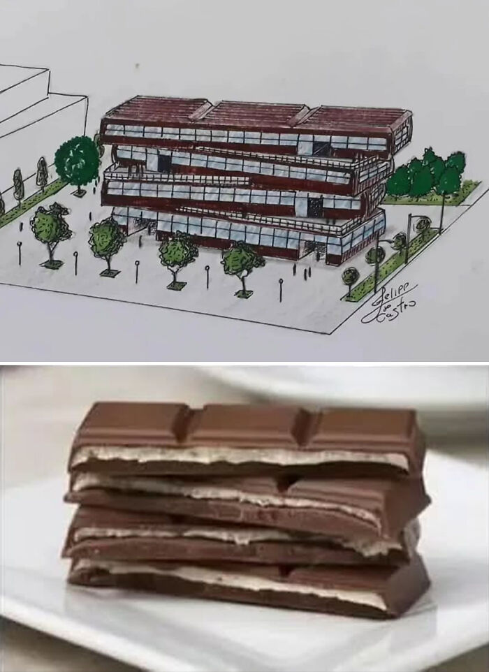 Architectural ideas inspired by stacked chocolate bars, with a building design and chocolate pieces.