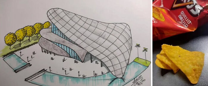 Architectural idea inspired by Doritos chips, featuring a sketch of a modern building with a curved, grid-like roof.