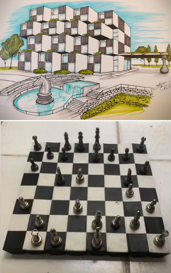 Architectural idea inspired by a chessboard, featuring a cube-based building and knight sculpture.