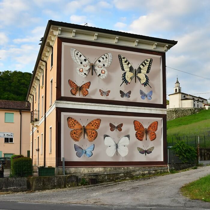 Hyper-realistic mural of butterflies painted on a building by a French artist, showcasing various species with detailed wings.