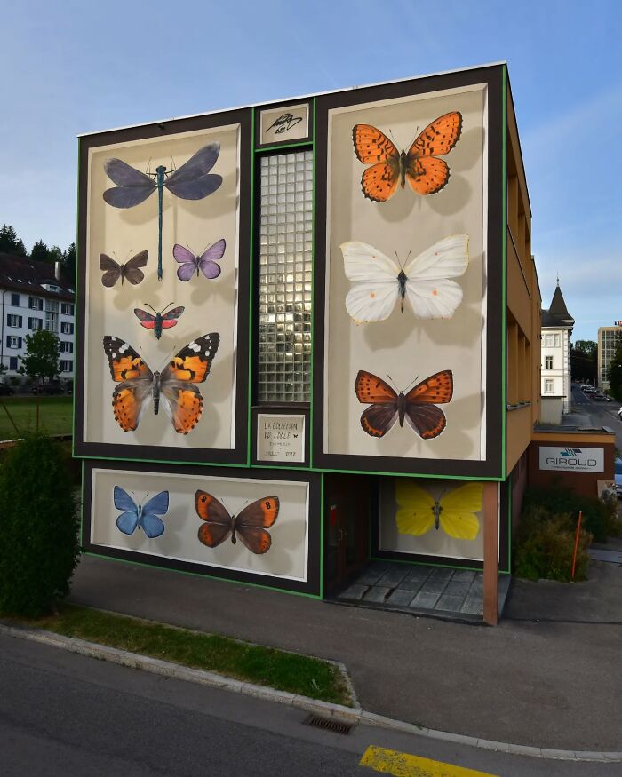 Building adorned with hyper-realistic murals of accurate butterflies by a French artist.