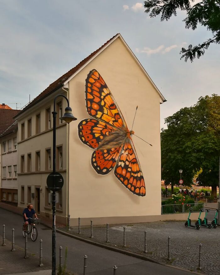 Hyper-realistic butterfly mural painted on a building by a French artist, depicting an intricate and vibrant orange butterfly.