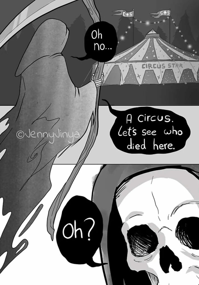 A grim reaper character visiting a circus, expressing surprise with emotional themes in animal comics artistry.