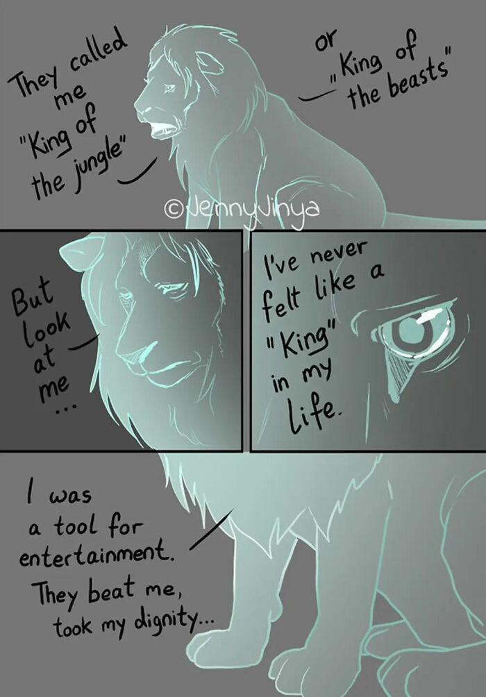 Emotional animal comic featuring a lion reflecting on being called "King of the jungle" and feeling exploited.