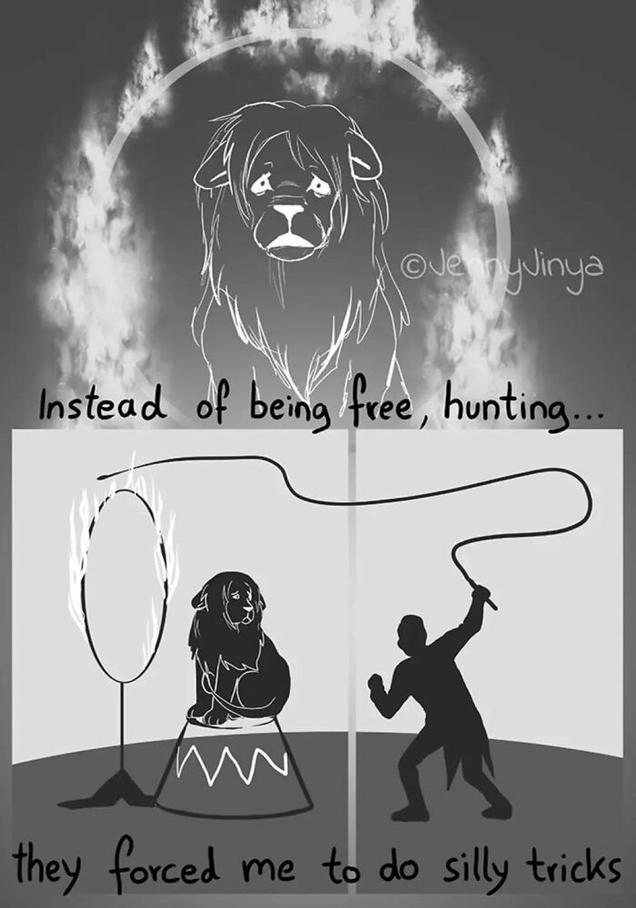 Emotional animal comic featuring a sad lion in a circus setting, reflecting on freedom versus performing tricks.