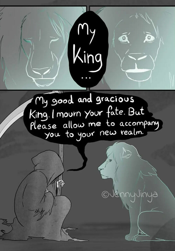 Emotional animal comic featuring a lion, with a hooded figure accompanied by text expressing sorrow and farewell.