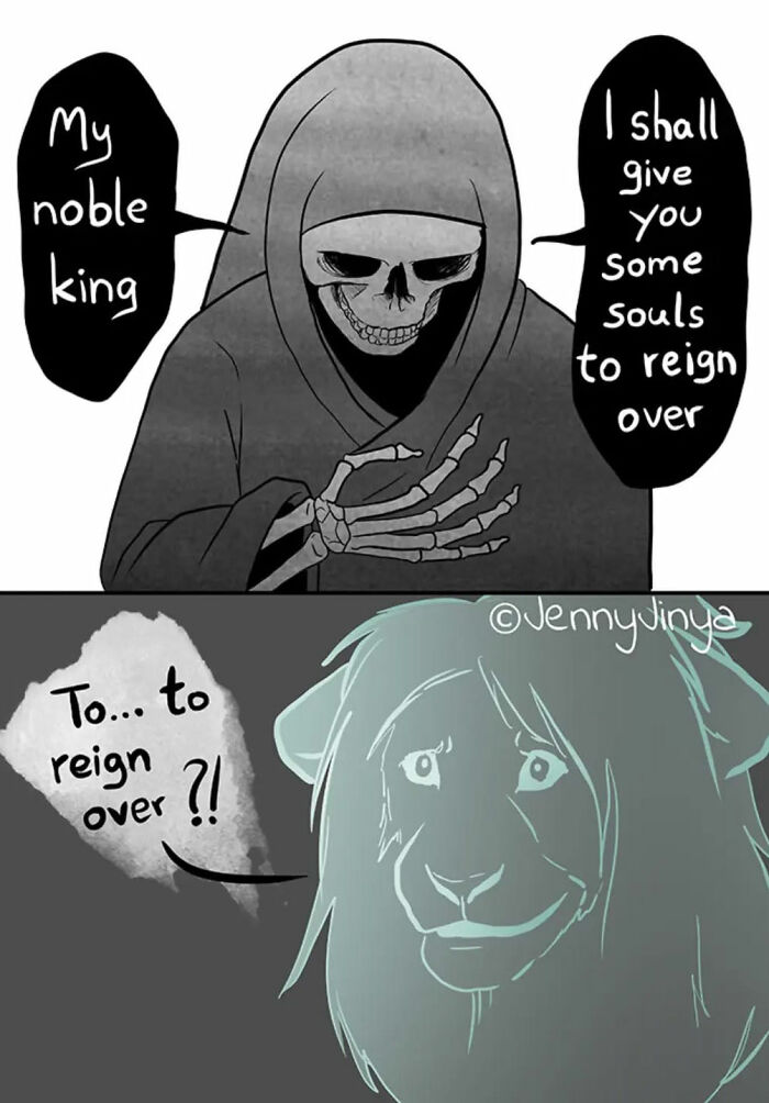 Emotional animal comic featuring a skeleton offering souls to a surprised lion.