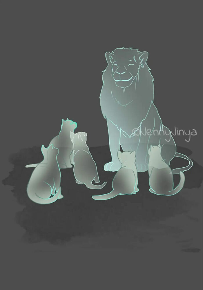 Emotional animal comic depicting a lion and five cats in ethereal colors.