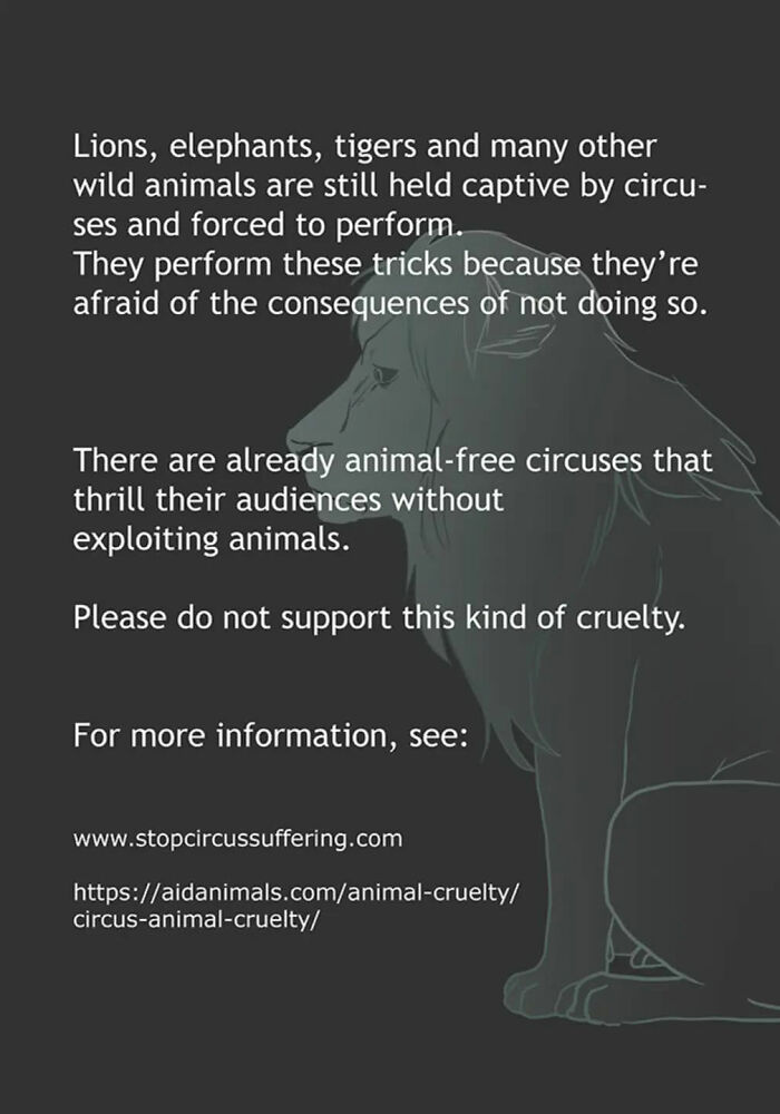 Emotional animal comic highlighting animal cruelty in circuses, featuring a text about captive wild animals.