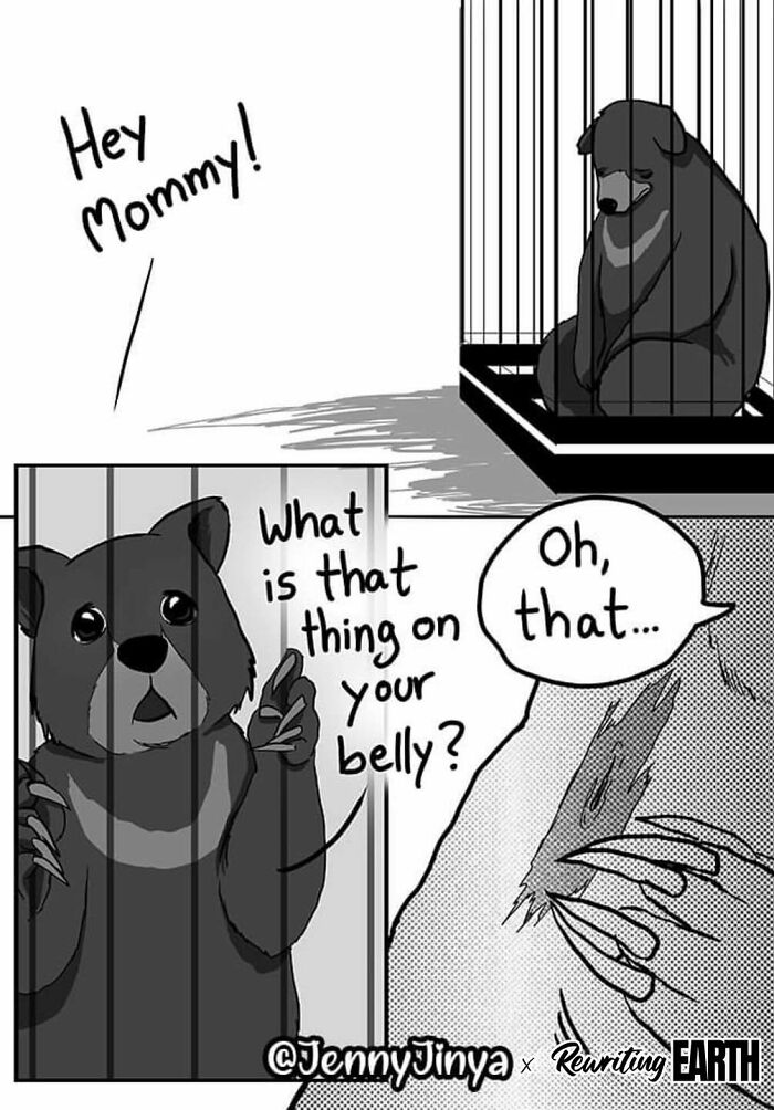 Emotional animal comic featuring bears discussing a scar in a cage setting.