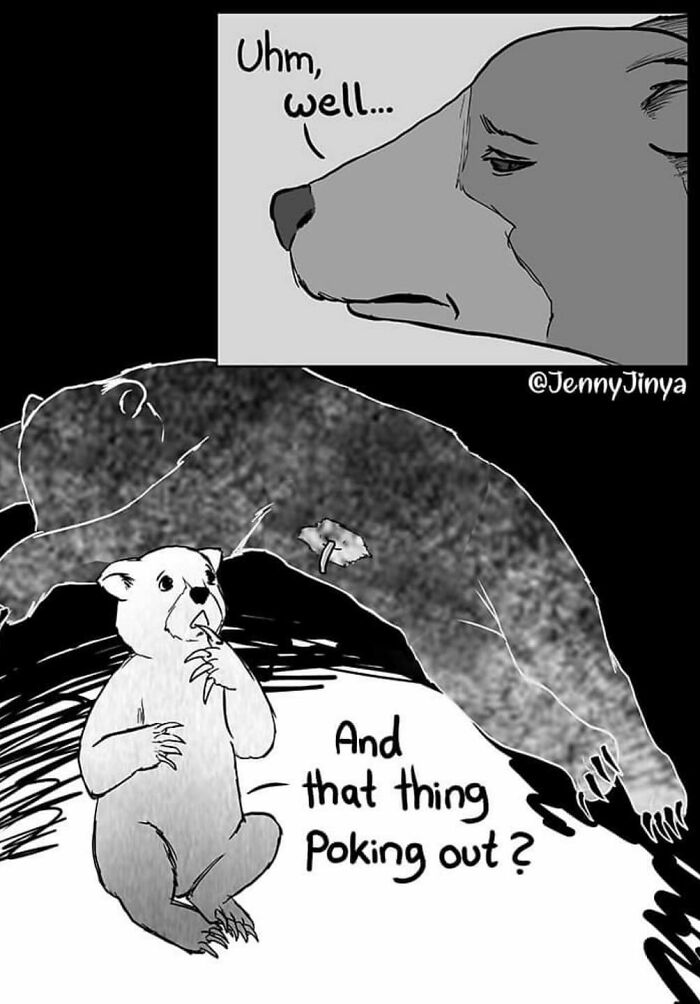 Emotional animal comic featuring two bears discussing a mysterious object.