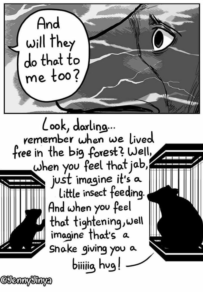 Emotional animal comic with two bears in cages discussing past freedom and comforting each other.