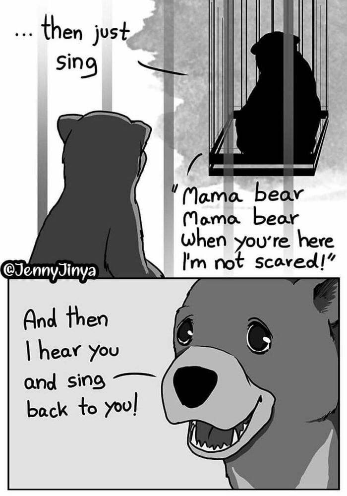 Emotional animal comic showing a bear singing to its cub in a cage, expressing love and comfort.