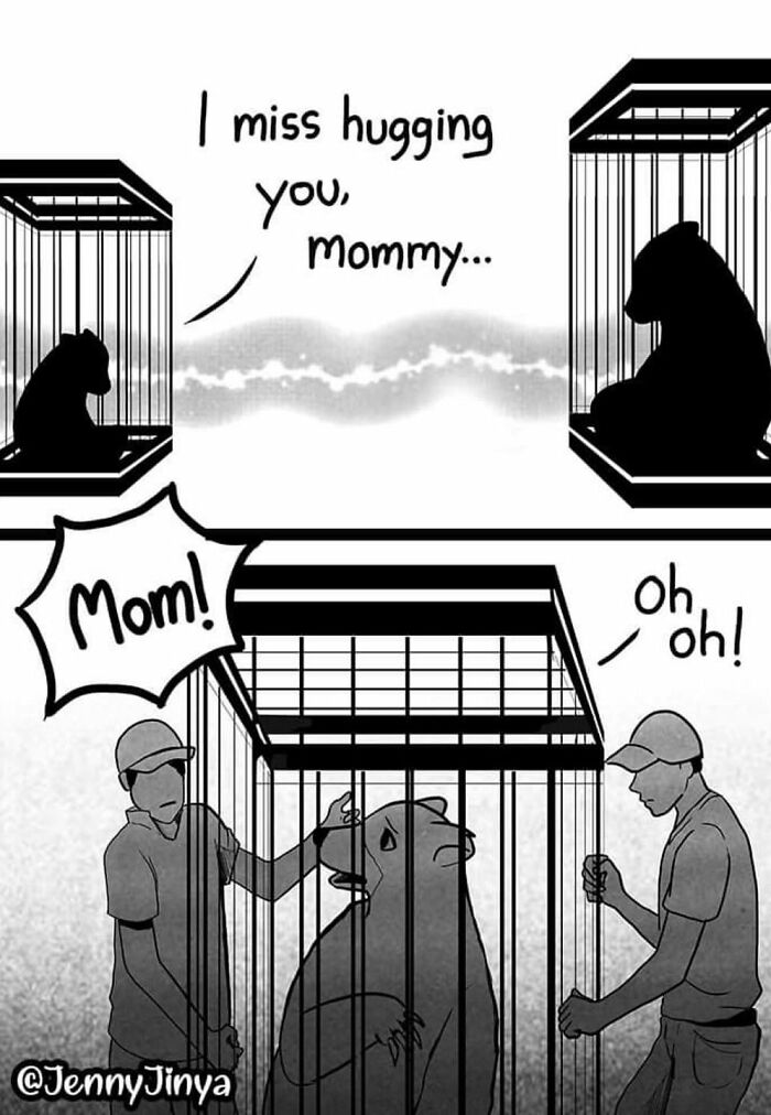 Emotional animal comic showing a bear missing its mommy, separated by cages.